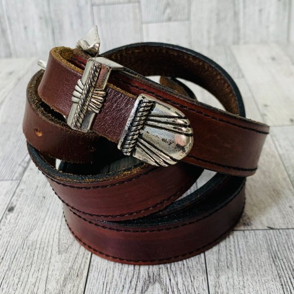 VTG Womens French Cuir Vachette Belt Skinny Southwestern Sz XL Brown Leather 90s main image 6